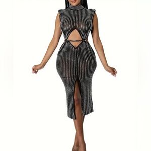 Sleeveless Mesh See-Through Rhinestone Studded Bodycon Midi Dress Size XXL